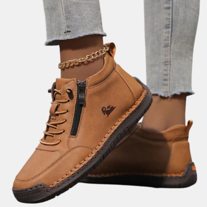 Khaki orthopedic high-top shoes with lace-up, side zipper, chain strap, and tread sole