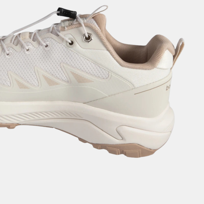White sneaker heel with elastic buckle strap and sidewall cushioning detail
