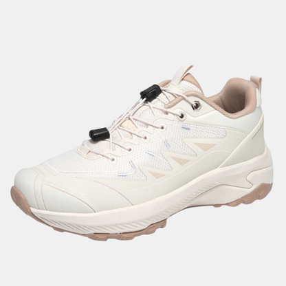 White breathable mesh sneakers with elastic side buckle and lace-up front