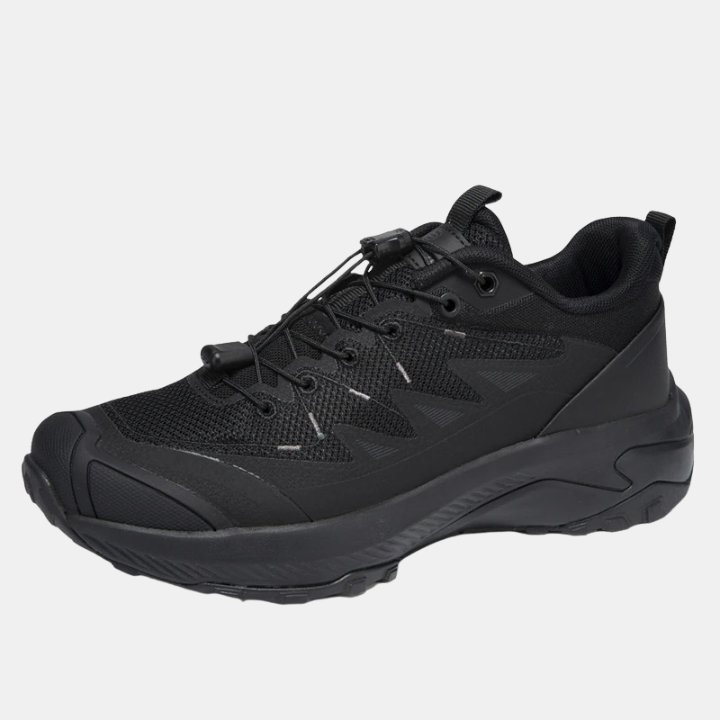 Black breathable mesh elastic buckle sneakers with lace-up front and cushioned sole