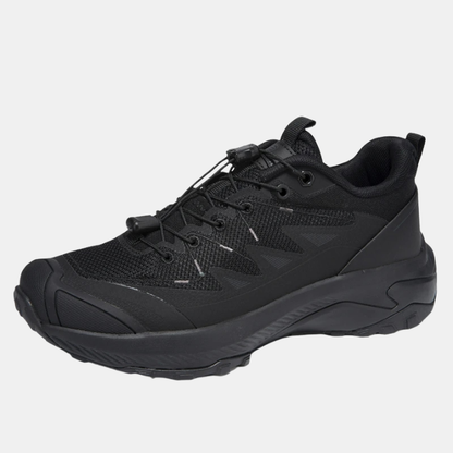 Black breathable mesh elastic buckle sneakers with lace-up front and cushioned sole