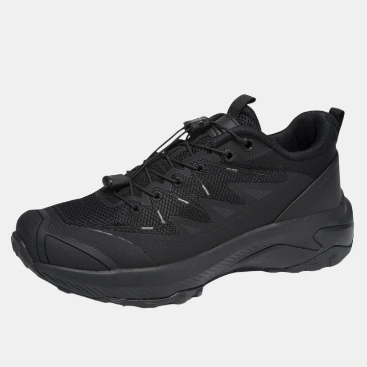 Black breathable mesh sneakers with lace-up front and cushioned rubber sole
