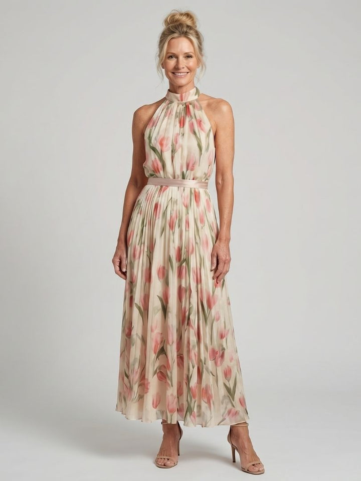 Halter neck floral midi dress with tulip print, pleated skirt, satin tie belt