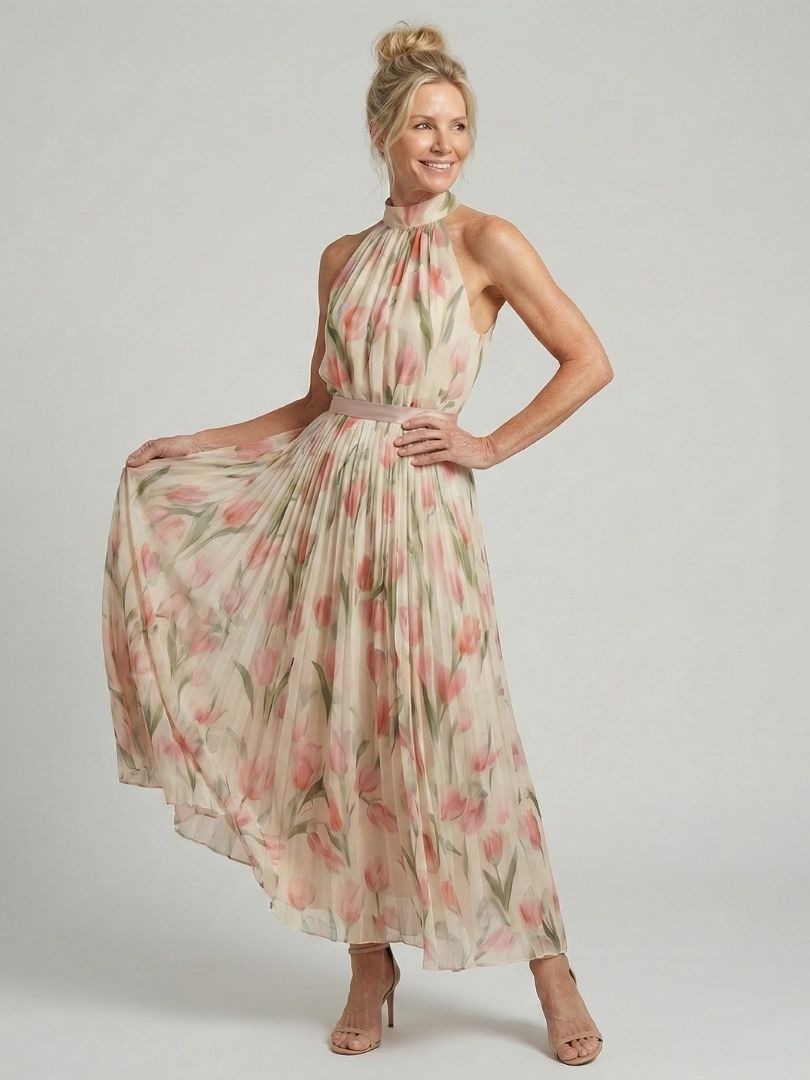 Halter neck floral midi dress in tulip print with flowing pleated skirt
