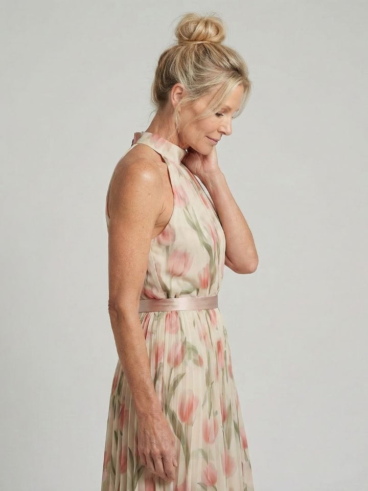 Halter neck floral midi dress, sleeveless with gathered neckline and tulip print belt