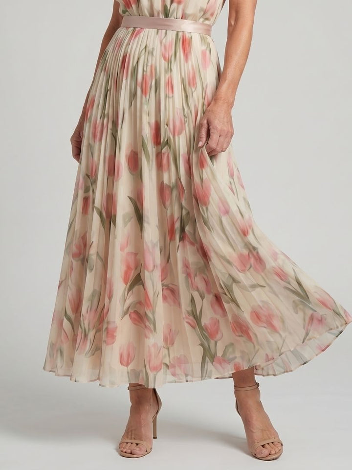 Floral midi dress skirt with tulip print, pleated fabric and satin waist belt