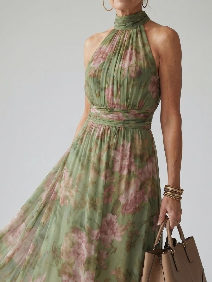 Sage green halter midi dress with pink floral print, high neck ruching and gathered waist