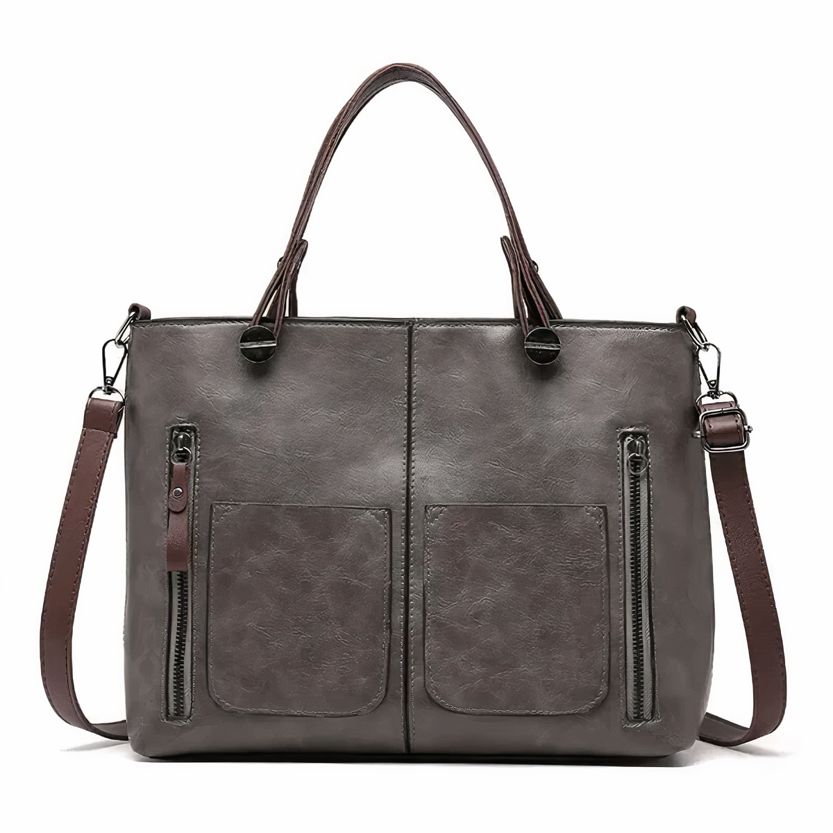 Grey PU leather crossbody tote with twin front pockets, zip pulls, and top handles.