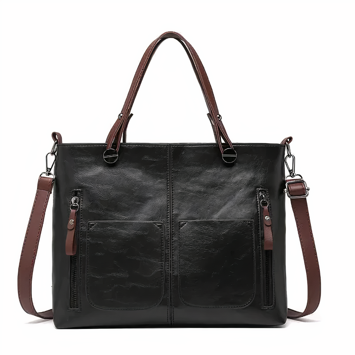 Black PU leather crossbody tote with twin front pockets, zip pulls, and shoulder strap.