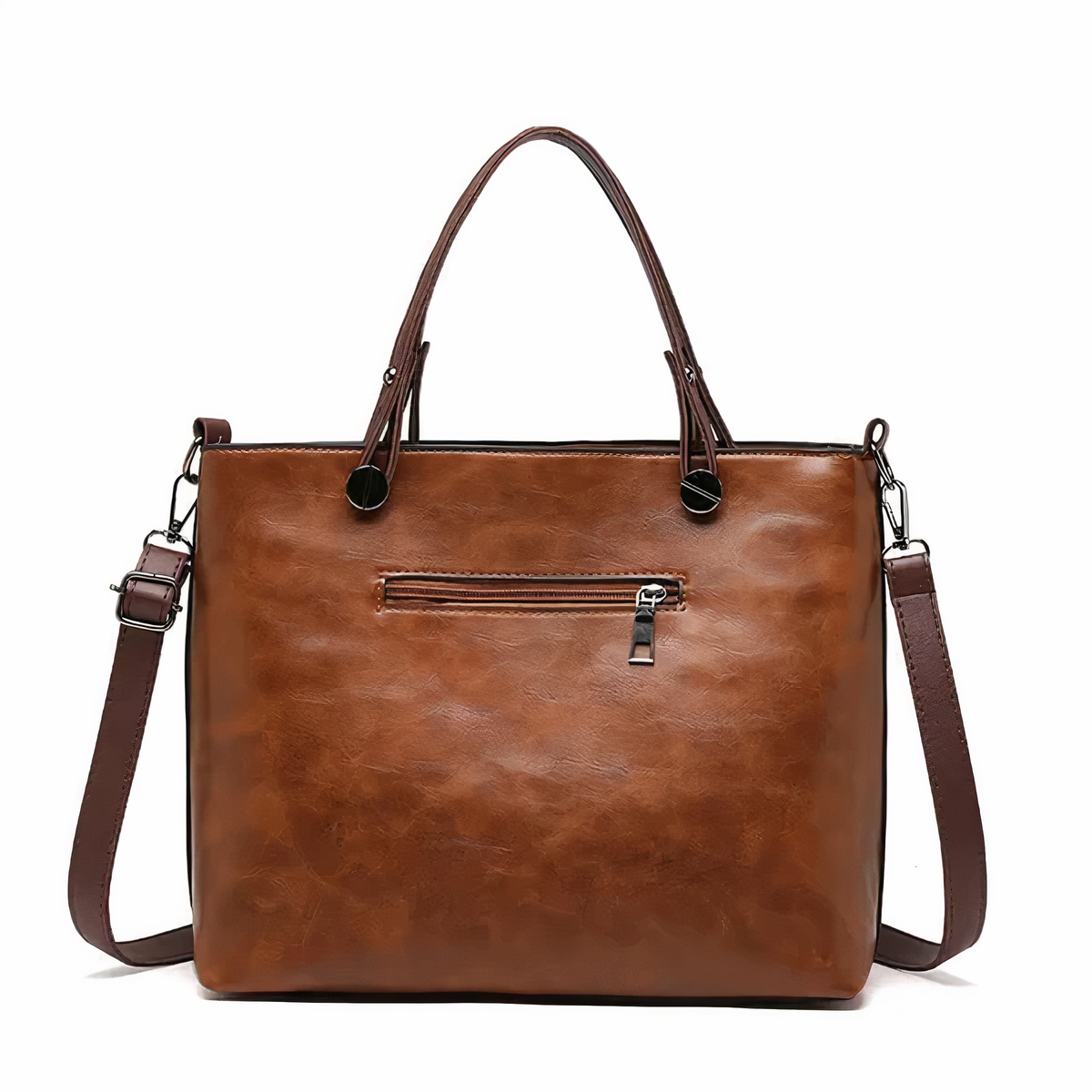 Brown PU leather crossbody tote with front center zipper and two side strap attachments.