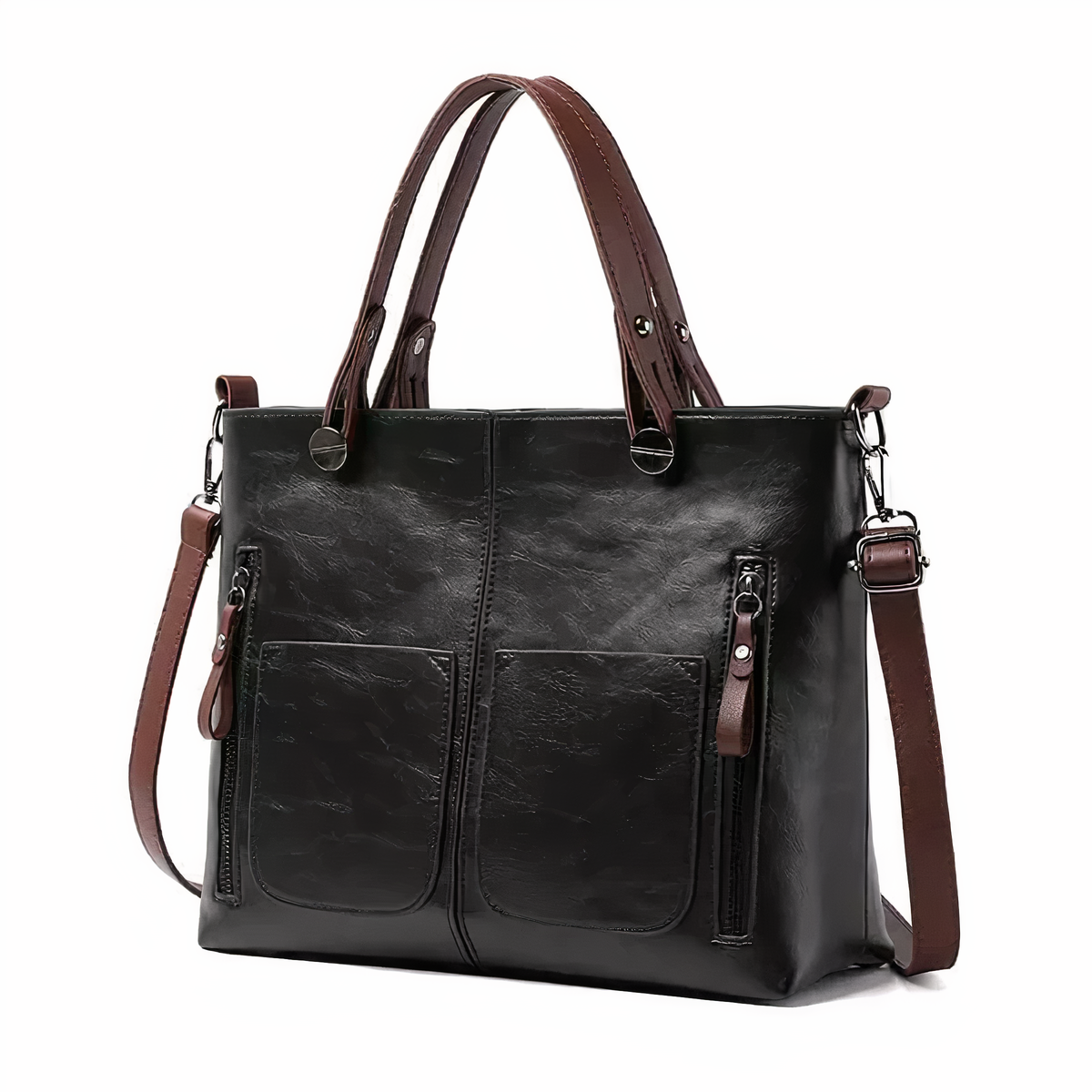 Black PU leather crossbody tote with twin front pockets, top handles, and side zip pockets.