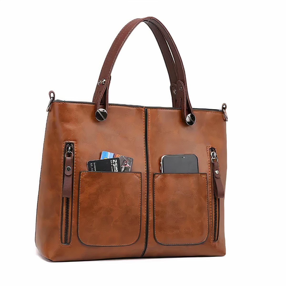 Brown PU leather crossbody tote with twin front pockets, zip details, and top handles.