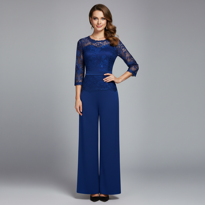 Blue lace evening jumpsuit with 3/4 sleeves, round neckline, and wide-leg pants
