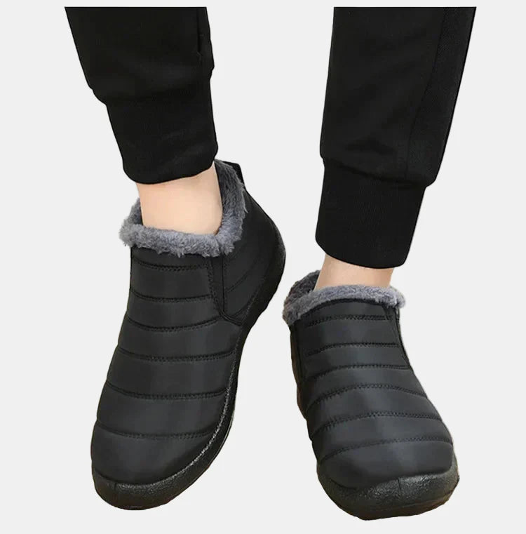 Black waterproof winter ankle boots with gray faux-fur lining and padded sole