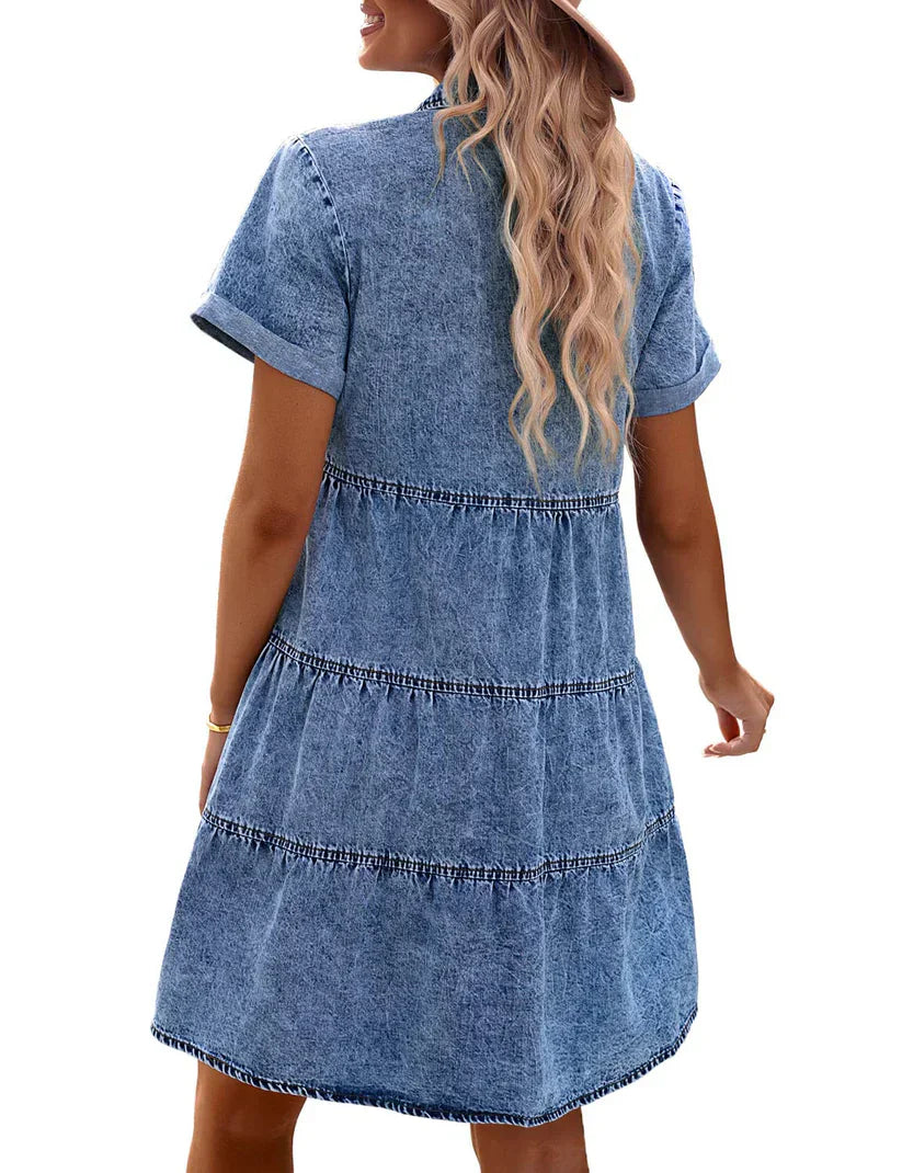 Light blue back denim shirt dress with yoke and tiered ruffle hem, short sleeves