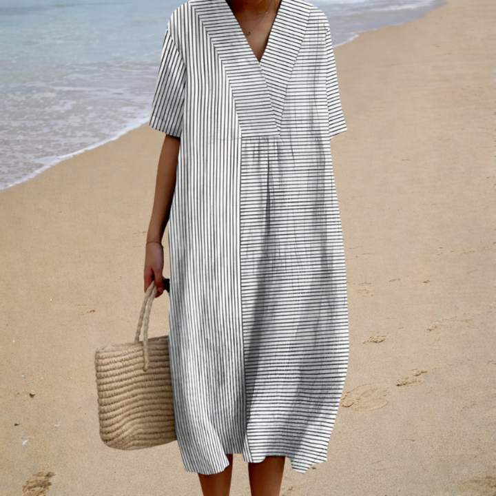 Striped V-neck summer dress with short sleeves, relaxed maxi length