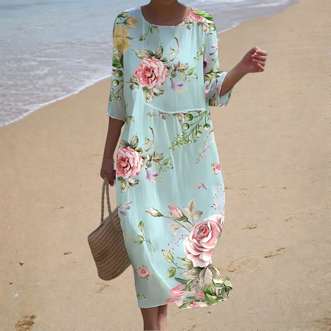 Light blue long floral dress with pink rose print, elbow-length sleeves