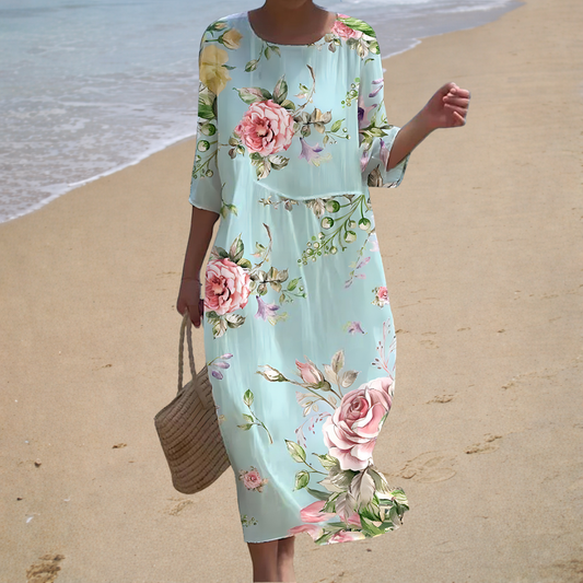 Light blue long floral dress with pink rose print, elbow-length sleeves