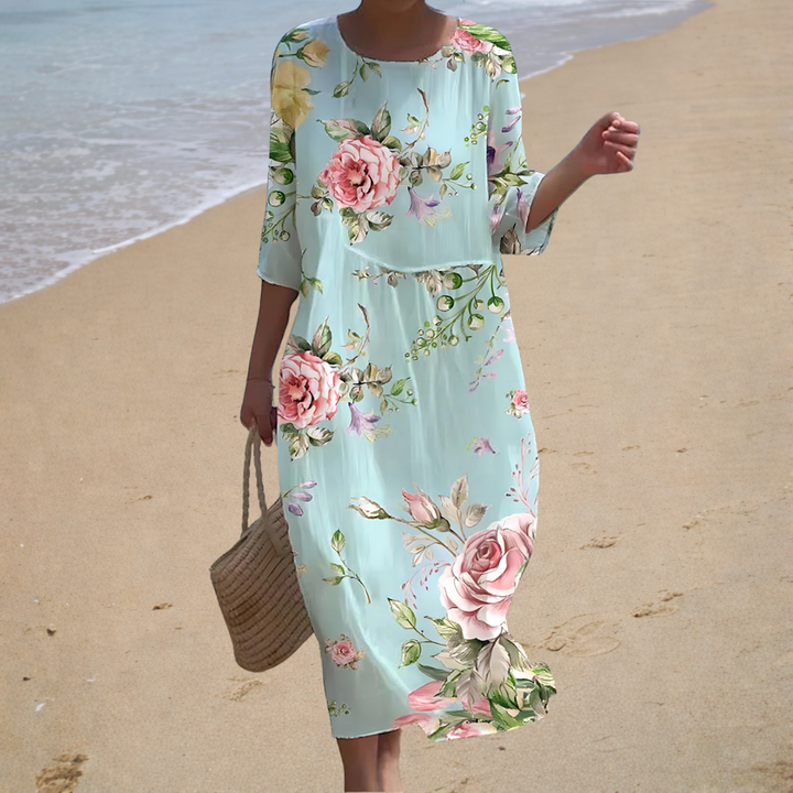 Light blue long floral dress with pink rose print, elbow-length sleeves