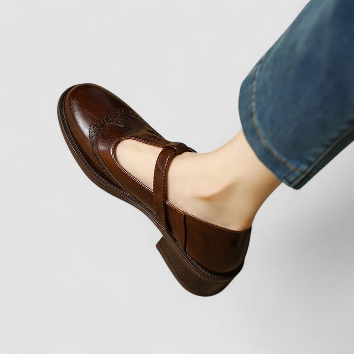 Orthopedic Mary Jane shoes, brown leather look with buckle strap and block heel