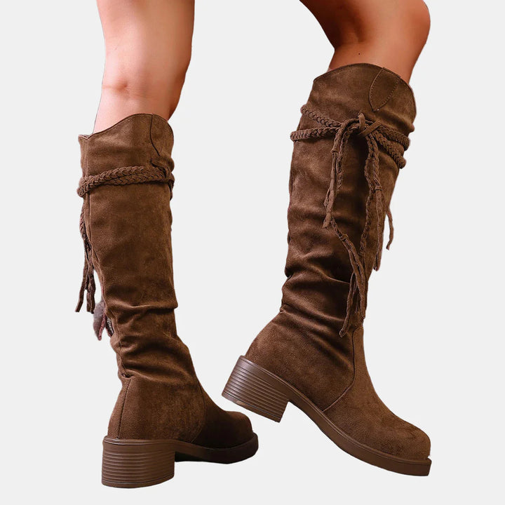 Brown suede mid-calf ankle boots, rear-side view, chunky heel and tied tassels