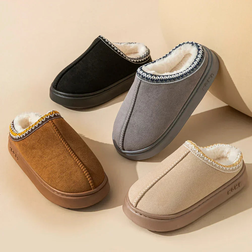 Platform slippers in black, gray, tan, and brown with faux-fur lining and knit trim