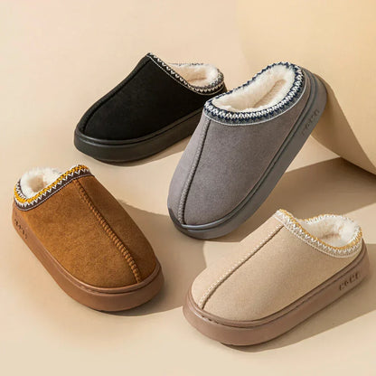 Platform slippers in black, gray, tan, and brown with faux-fur lining and knit trim