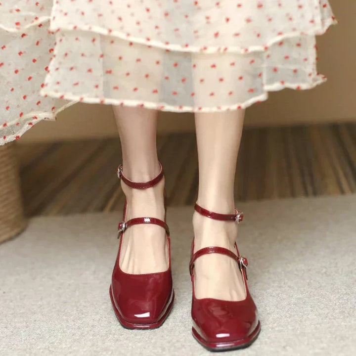 Wine red ankle-strap pumps with thin straps and low block heels