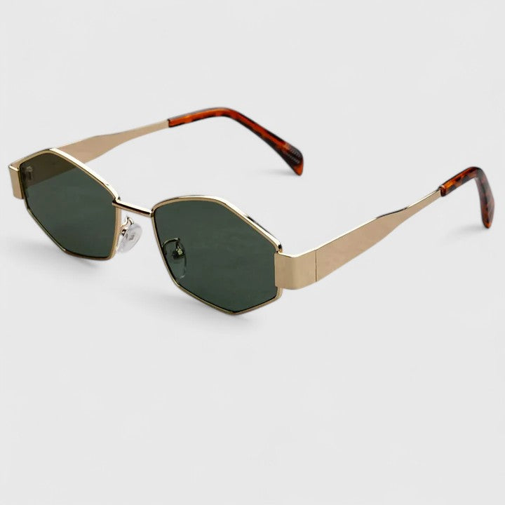 Gold-tone sunglasses with tortoise-look temples and dark green lenses
