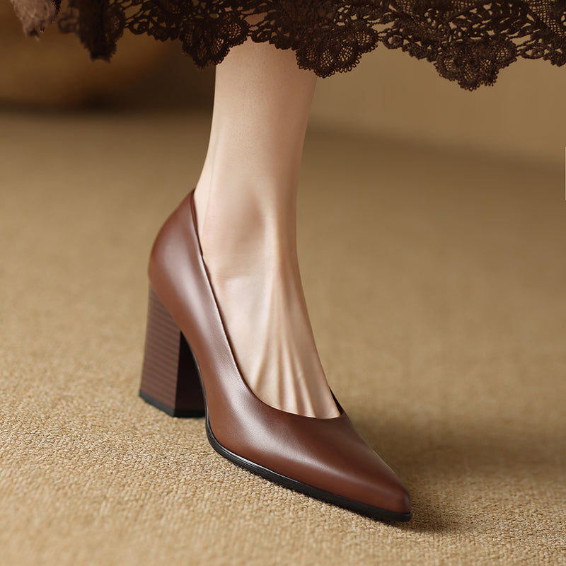 Brown leather pumps, pointed almond toe, square block heel