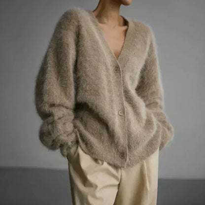 ADELE™ fuzzy mohair cardigan in khaki, button-front V-neck, long sleeves