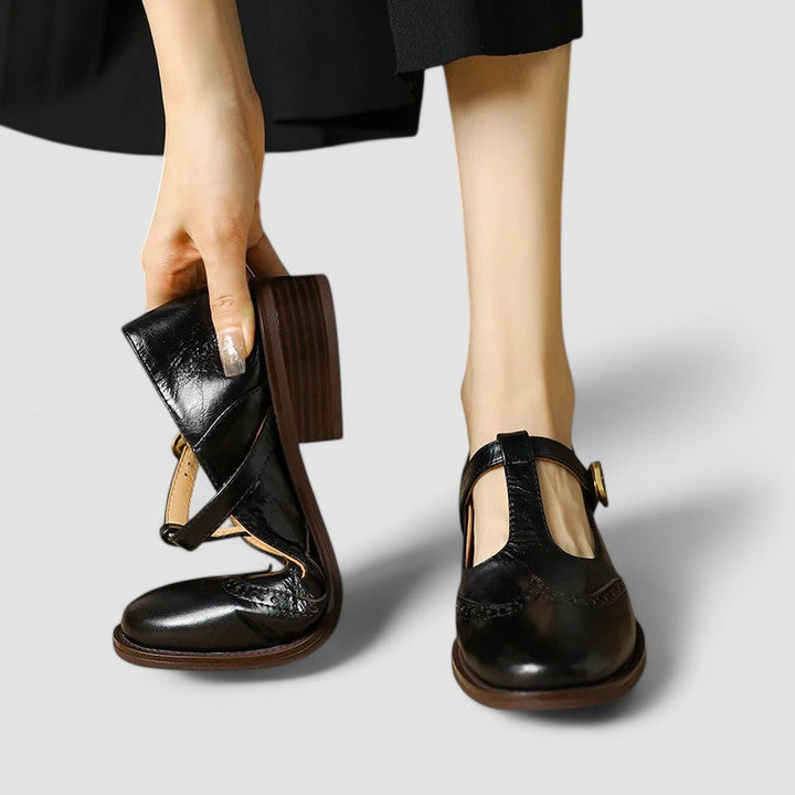 Orthopedic Mary Jane shoes, black leather look with buckle strap and low block heel