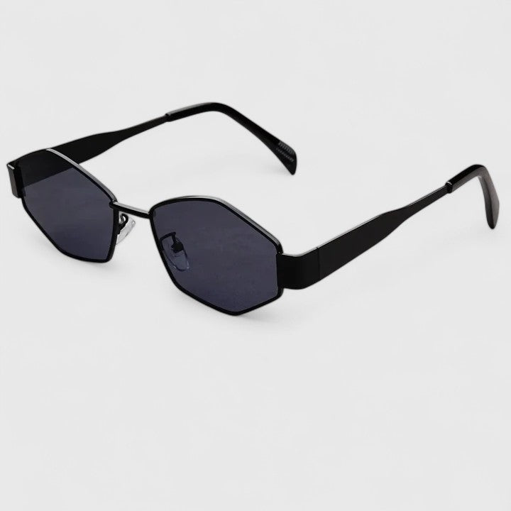 Sunglasses with black angular frame and dark lenses, hexagon cat-eye style