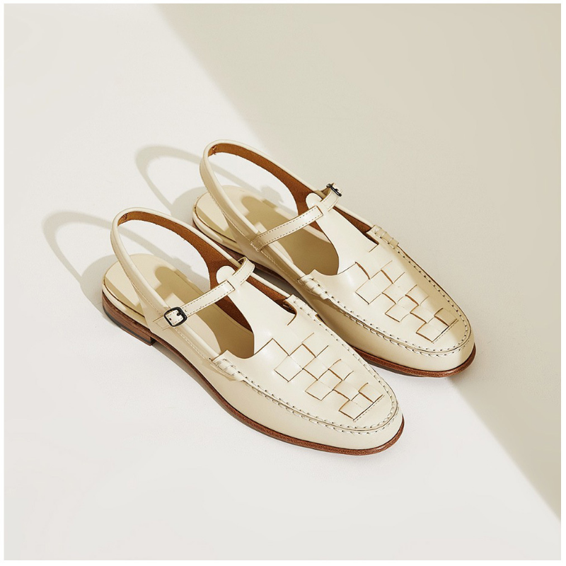 Ivory woven charm sandals, grid-woven slingback with buckle strap and low heel