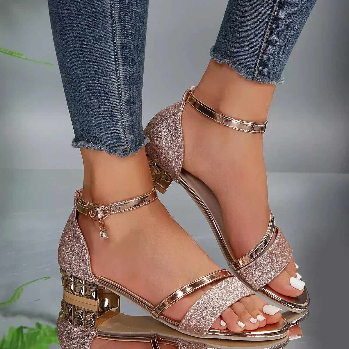 Rose gold glitter comfort sandals with open toe, T-strap, ankle strap, block heel