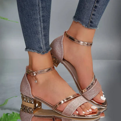 Rose gold glitter comfort sandals with open toe, T-strap, ankle strap, block heel