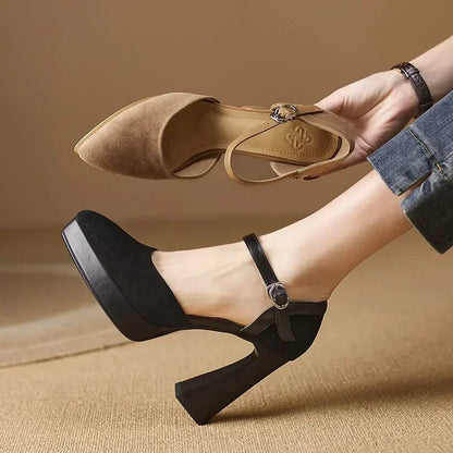 Brown and black suede pumps with ankle strap buckle and chunky block heel
