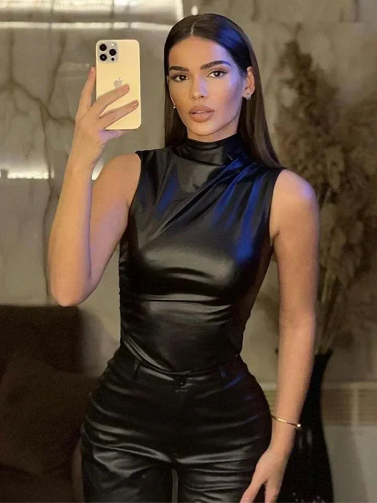 Women’s sleek faux leather top, sleeveless black with high neckline