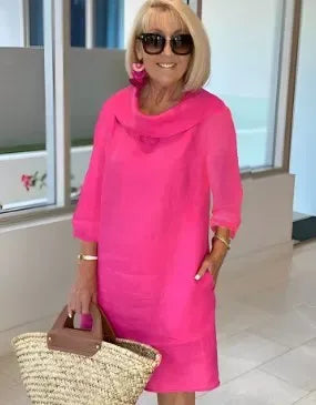 Pink A-line dress with draped cowl neckline and three-quarter sleeves