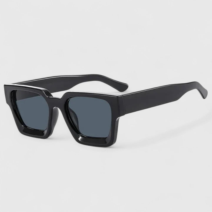 Matte black square sunglasses with dark blue-gray lenses