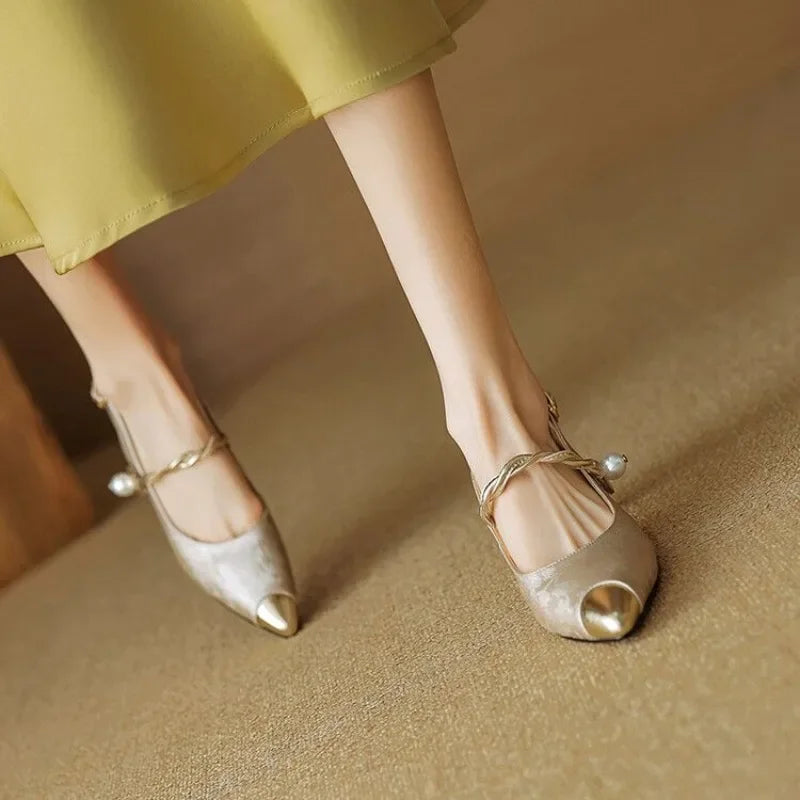 Molette elegant pumps in light beige, open-toe slingback with ankle strap and pearl detail