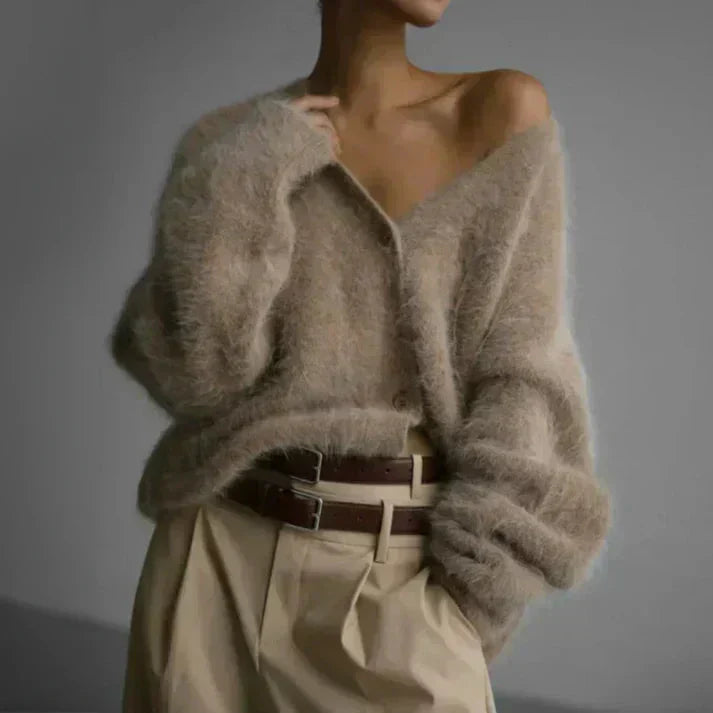ADELE™ fuzzy mohair cardigan in khaki, relaxed fit, button front, V-neck