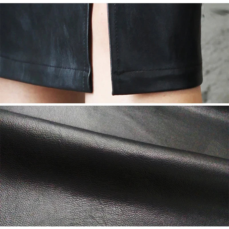 Black leather skirt close-up of smooth texture and straight hem stitching