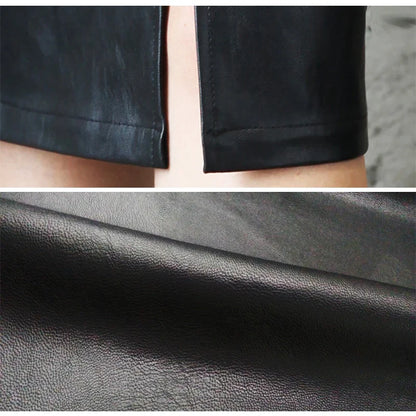 Black leather skirt close-up of smooth texture and straight hem stitching