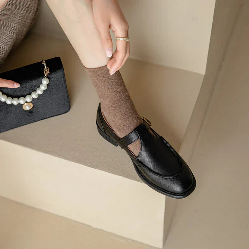 Brown retro shoes with black sling strap and gold-tone buckle, low block heel
