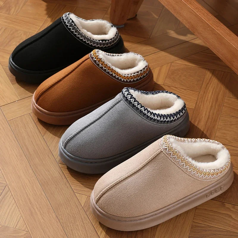 Fluffy platform slippers in black, brown, gray with faux-fur lining and stitched trim