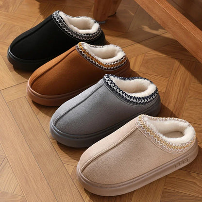 Fluffy platform slippers in black, brown, gray with faux-fur lining and stitched trim
