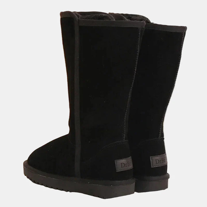 Black velvet knee-high boots with side zipper and cushioned ankle lining
