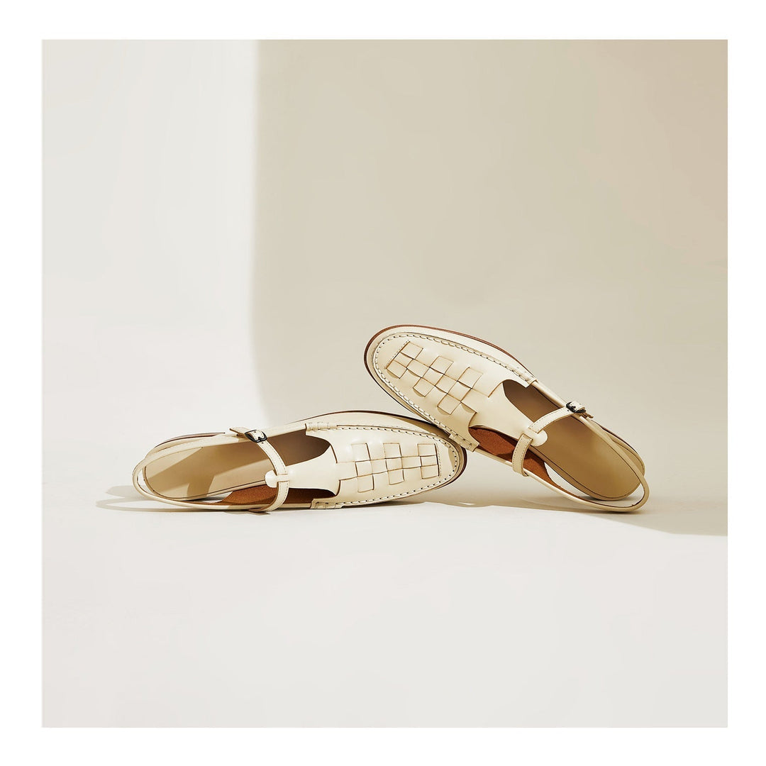 Ivory woven charm sandals, grid-woven upper with buckle strap and low sole