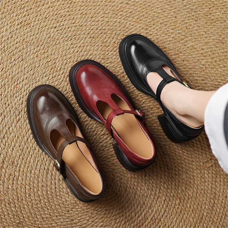 Chunky Mary Jane pumps in red, black, and brown with buckle ankle straps